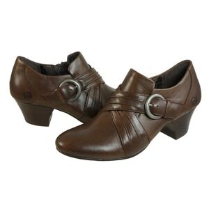 Born Womens Brown Leather Buckle Pleated Zip Shooties Block Heel D14916 Size 8